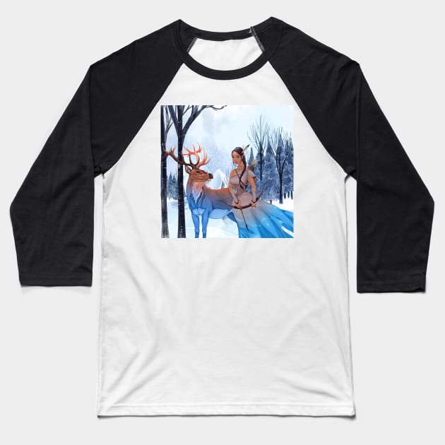 Watercolor spirit guides in the nature, Lake and trees winter landscape background Baseball T-Shirt by Modern Art